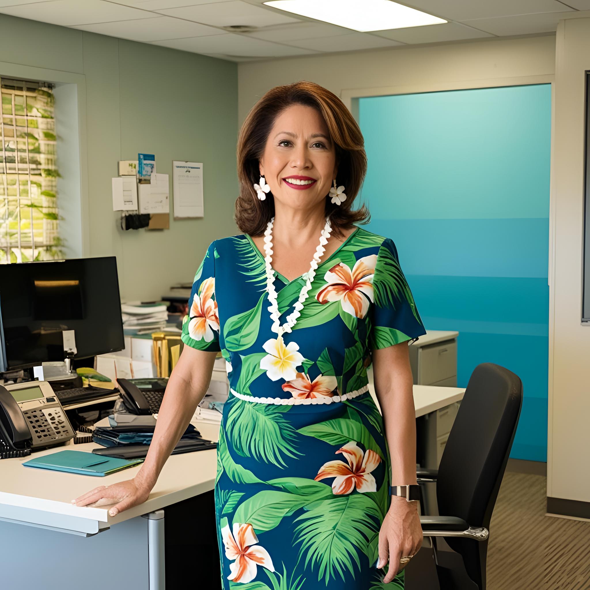 Local hawaiian middle aged lady who works in an HR office as a supervisor in an aloha dress