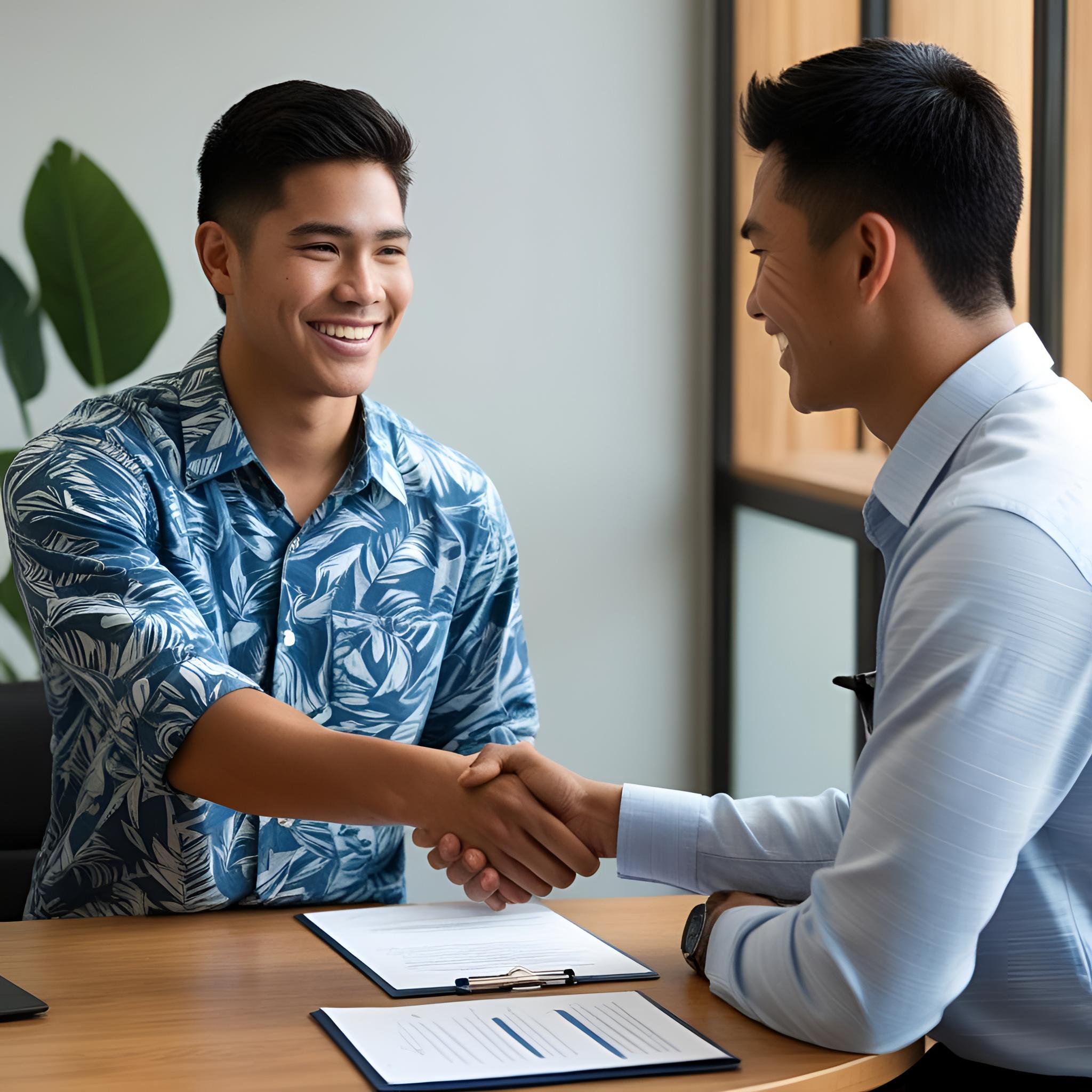 a young hawaiian man in a collared shirt smiling shaking hands after a job interview